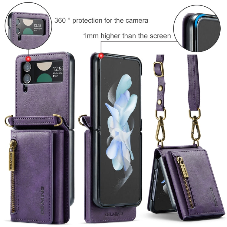 For Samsung Galaxy Z Flip3 5G DG.MING M5 Series Zip RFID Multi Card Detachable Leather Phone Case with Long Lanyard