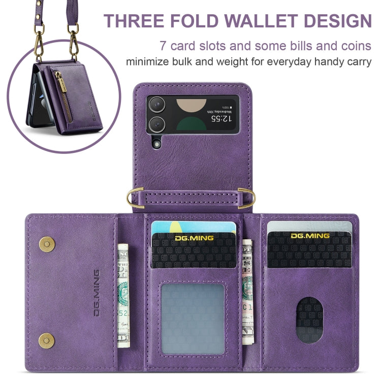 For Samsung Galaxy Z Flip3 5G DG.MING M5 Series Zip RFID Multi Card Detachable Leather Phone Case with Long Lanyard