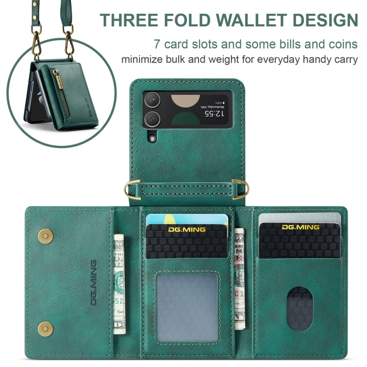 For Samsung Galaxy Z Flip3 5G DG.MING M5 Series Zip RFID Multi Card Detachable Leather Phone Case with Long Lanyard