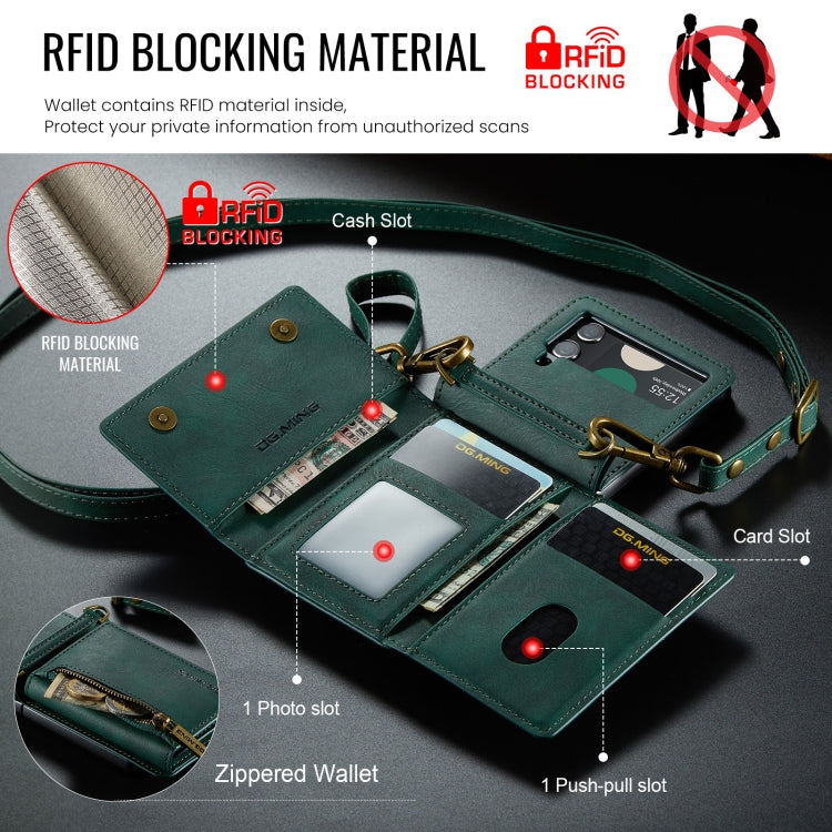 For Samsung Galaxy Z Flip3 5G DG.MING M5 Series Zip RFID Multi Card Detachable Leather Phone Case with Long Lanyard