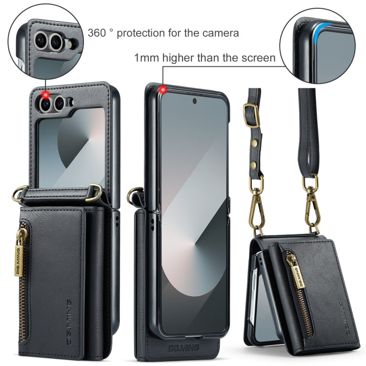 For Samsung Galaxy Z Flip6 DG.MING M5 Series Zip RFID Multi Card Detachable Leather Phone Case with Long Lanyard