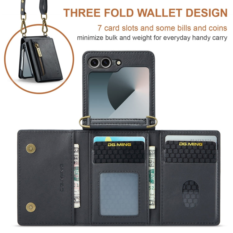 For Samsung Galaxy Z Flip6 DG.MING M5 Series Zip RFID Multi Card Detachable Leather Phone Case with Long Lanyard