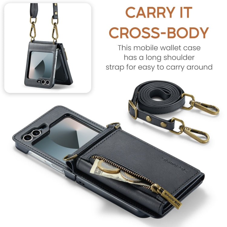 For Samsung Galaxy Z Flip6 DG.MING M5 Series Zip RFID Multi Card Detachable Leather Phone Case with Long Lanyard