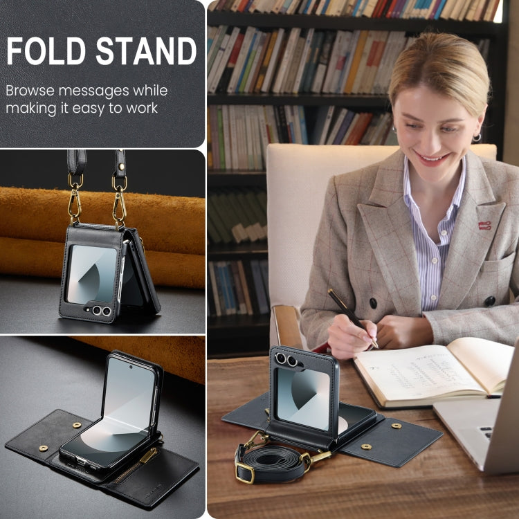 For Samsung Galaxy Z Flip6 DG.MING M5 Series Zip RFID Multi Card Detachable Leather Phone Case with Long Lanyard