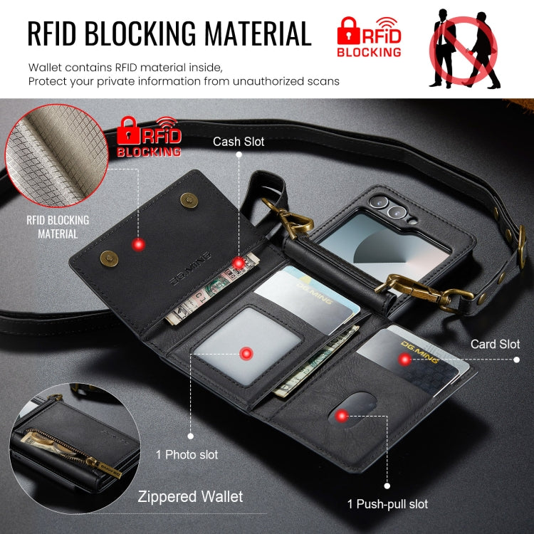 For Samsung Galaxy Z Flip6 DG.MING M5 Series Zip RFID Multi Card Detachable Leather Phone Case with Long Lanyard