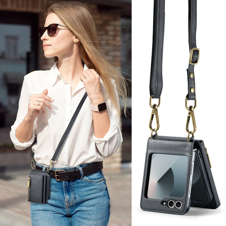 For Samsung Galaxy Z Flip6 DG.MING M5 Series Zip RFID Multi Card Detachable Leather Phone Case with Long Lanyard