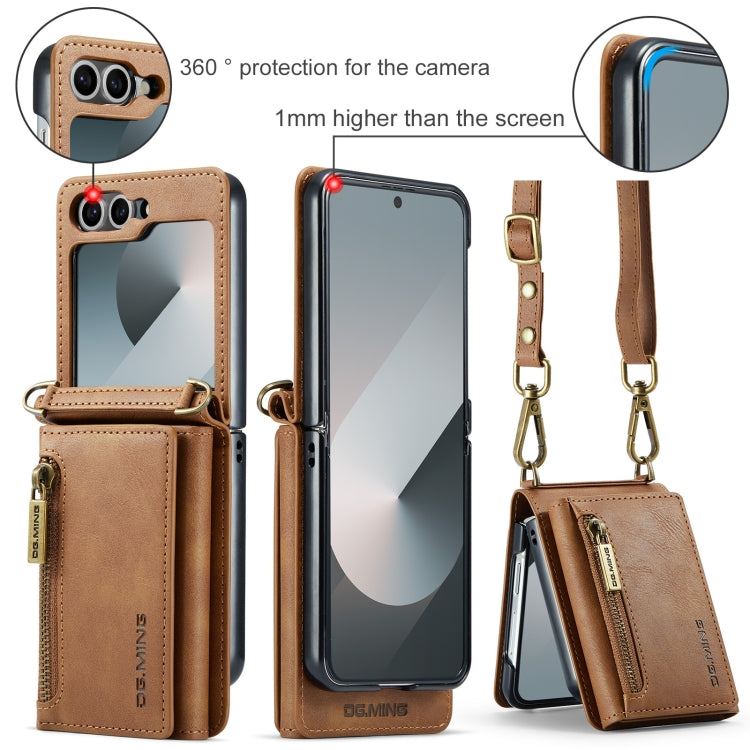 For Samsung Galaxy Z Flip6 DG.MING M5 Series Zip RFID Multi Card Detachable Leather Phone Case with Long Lanyard