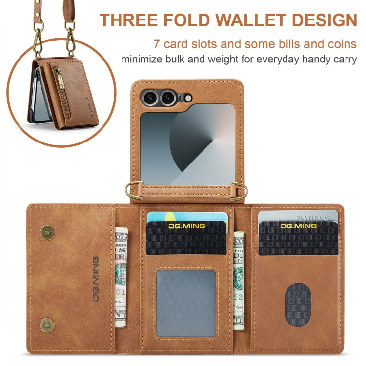 For Samsung Galaxy Z Flip6 DG.MING M5 Series Zip RFID Multi Card Detachable Leather Phone Case with Long Lanyard