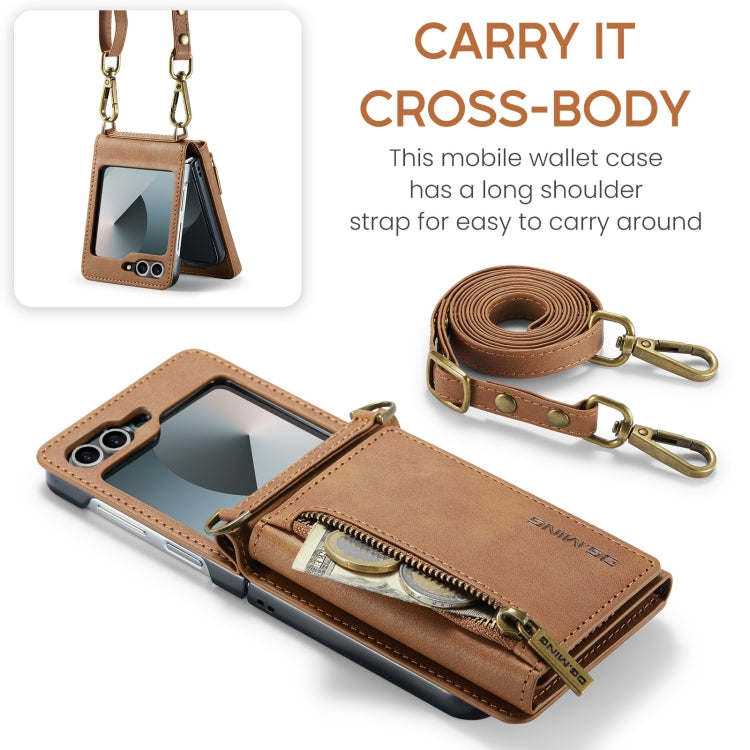 For Samsung Galaxy Z Flip6 DG.MING M5 Series Zip RFID Multi Card Detachable Leather Phone Case with Long Lanyard