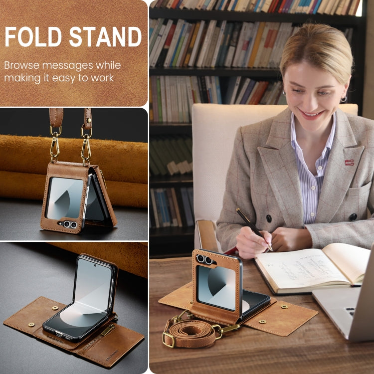 For Samsung Galaxy Z Flip6 DG.MING M5 Series Zip RFID Multi Card Detachable Leather Phone Case with Long Lanyard