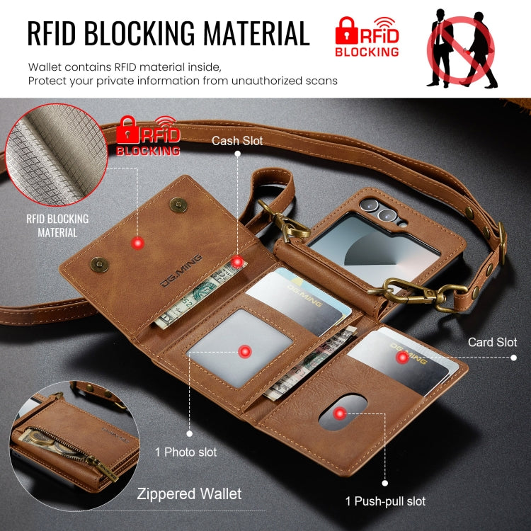 For Samsung Galaxy Z Flip6 DG.MING M5 Series Zip RFID Multi Card Detachable Leather Phone Case with Long Lanyard