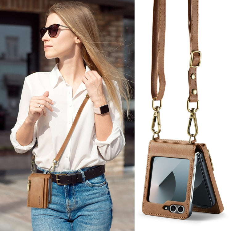 For Samsung Galaxy Z Flip6 DG.MING M5 Series Zip RFID Multi Card Detachable Leather Phone Case with Long Lanyard