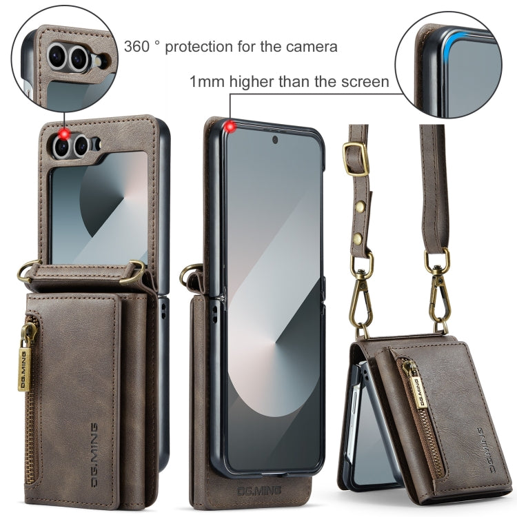 For Samsung Galaxy Z Flip6 DG.MING M5 Series Zip RFID Multi Card Detachable Leather Phone Case with Long Lanyard