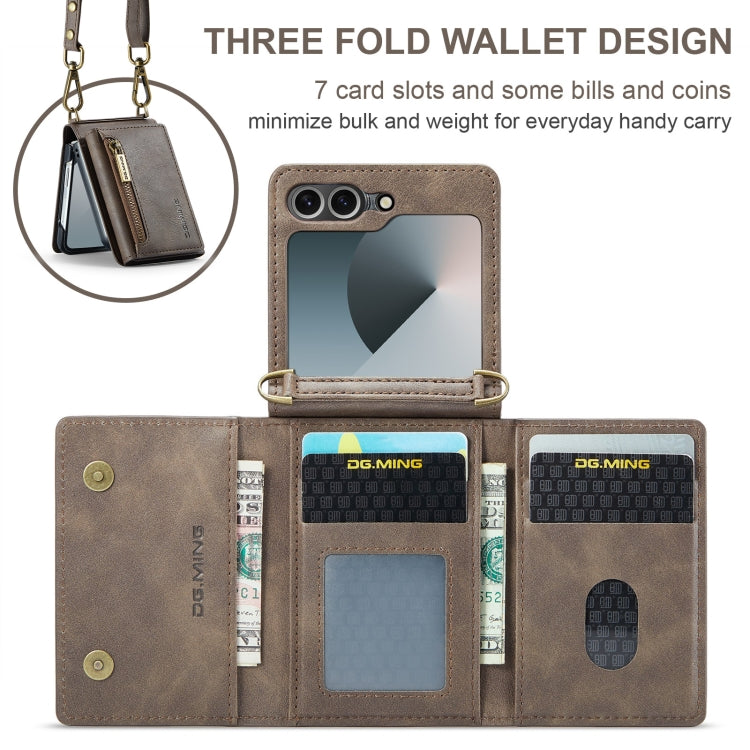For Samsung Galaxy Z Flip6 DG.MING M5 Series Zip RFID Multi Card Detachable Leather Phone Case with Long Lanyard