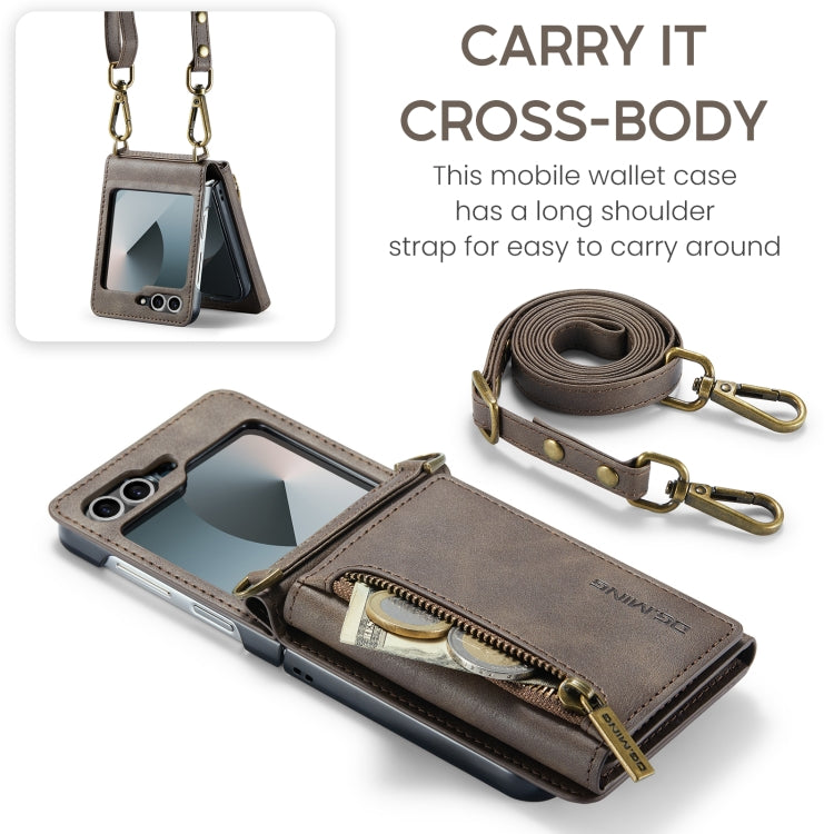 For Samsung Galaxy Z Flip6 DG.MING M5 Series Zip RFID Multi Card Detachable Leather Phone Case with Long Lanyard