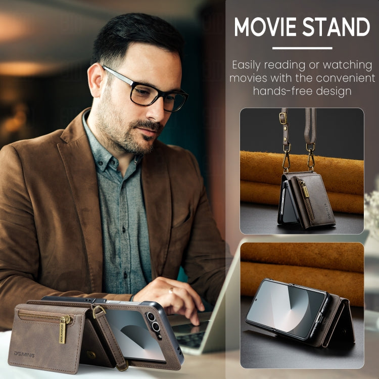 For Samsung Galaxy Z Flip6 DG.MING M5 Series Zip RFID Multi Card Detachable Leather Phone Case with Long Lanyard