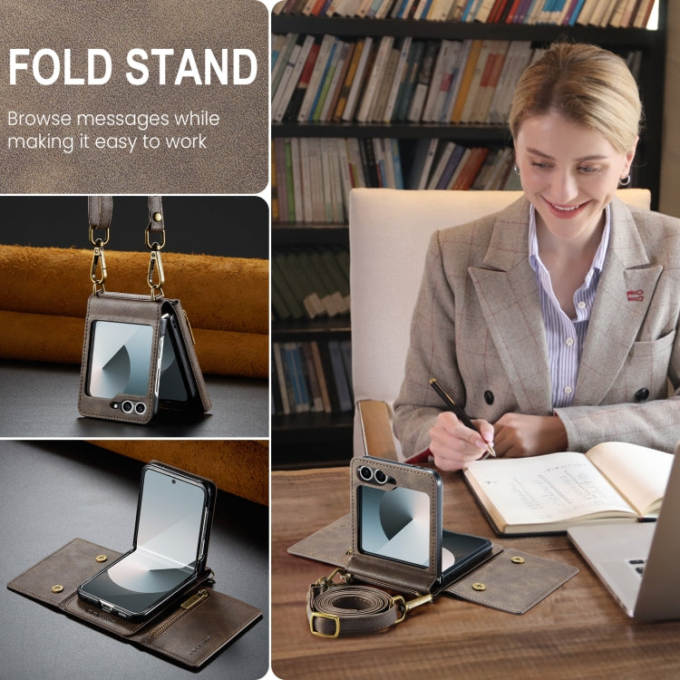 For Samsung Galaxy Z Flip6 DG.MING M5 Series Zip RFID Multi Card Detachable Leather Phone Case with Long Lanyard