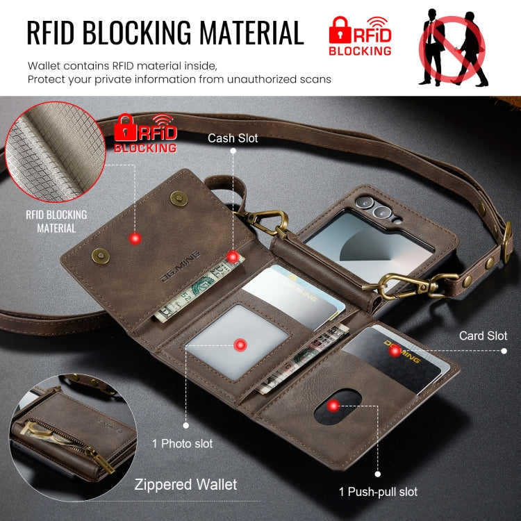 For Samsung Galaxy Z Flip6 DG.MING M5 Series Zip RFID Multi Card Detachable Leather Phone Case with Long Lanyard