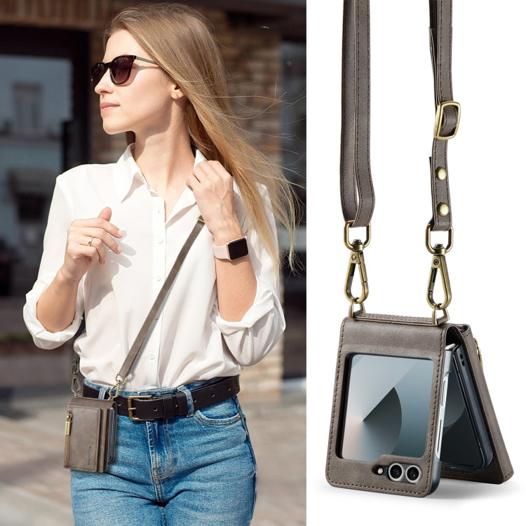 For Samsung Galaxy Z Flip6 DG.MING M5 Series Zip RFID Multi Card Detachable Leather Phone Case with Long Lanyard