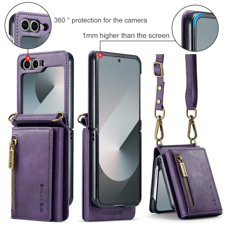 For Samsung Galaxy Z Flip6 DG.MING M5 Series Zip RFID Multi Card Detachable Leather Phone Case with Long Lanyard