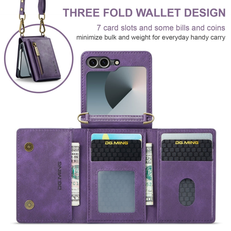 For Samsung Galaxy Z Flip6 DG.MING M5 Series Zip RFID Multi Card Detachable Leather Phone Case with Long Lanyard