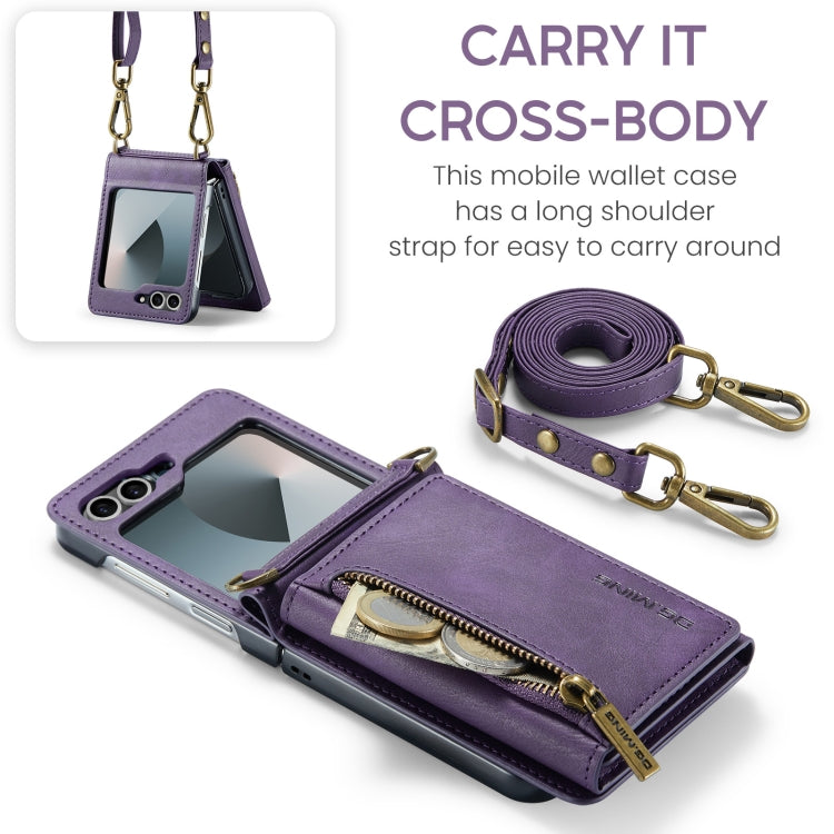 For Samsung Galaxy Z Flip6 DG.MING M5 Series Zip RFID Multi Card Detachable Leather Phone Case with Long Lanyard