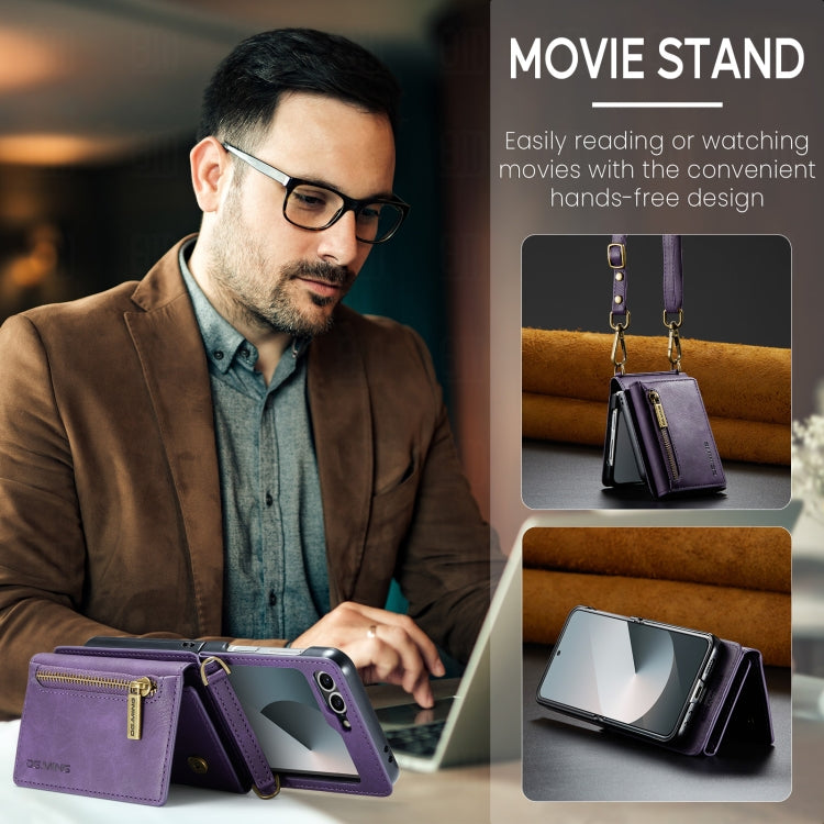 For Samsung Galaxy Z Flip6 DG.MING M5 Series Zip RFID Multi Card Detachable Leather Phone Case with Long Lanyard