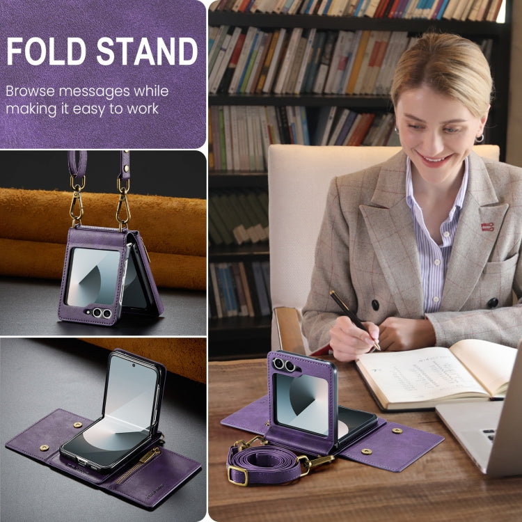 For Samsung Galaxy Z Flip6 DG.MING M5 Series Zip RFID Multi Card Detachable Leather Phone Case with Long Lanyard
