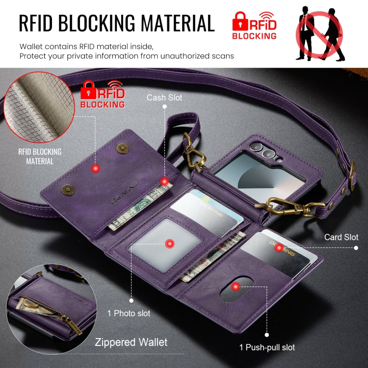 For Samsung Galaxy Z Flip6 DG.MING M5 Series Zip RFID Multi Card Detachable Leather Phone Case with Long Lanyard