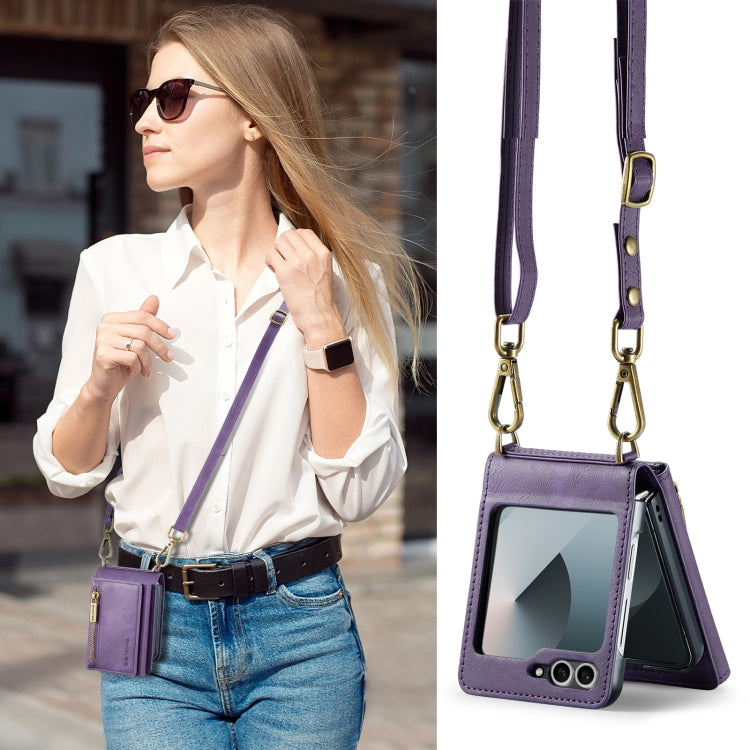 For Samsung Galaxy Z Flip6 DG.MING M5 Series Zip RFID Multi Card Detachable Leather Phone Case with Long Lanyard
