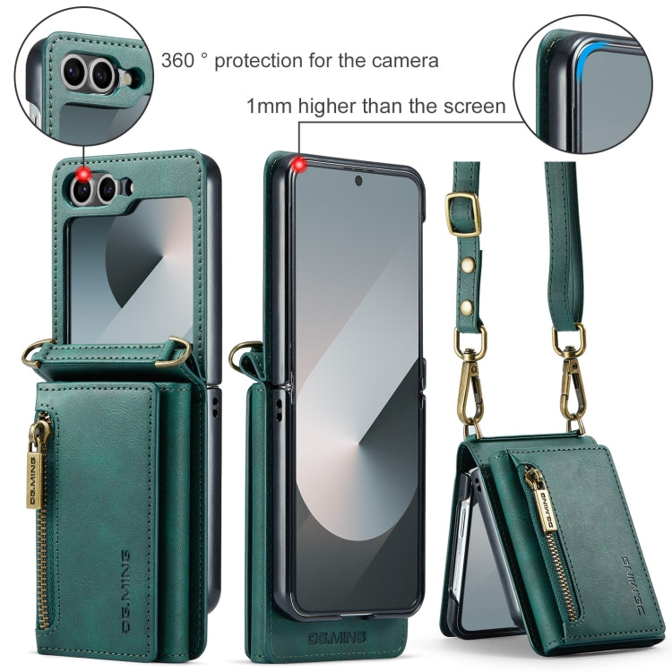 For Samsung Galaxy Z Flip6 DG.MING M5 Series Zip RFID Multi Card Detachable Leather Phone Case with Long Lanyard