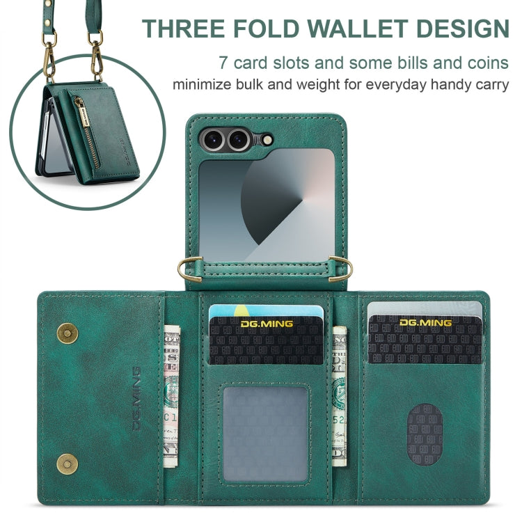 For Samsung Galaxy Z Flip6 DG.MING M5 Series Zip RFID Multi Card Detachable Leather Phone Case with Long Lanyard