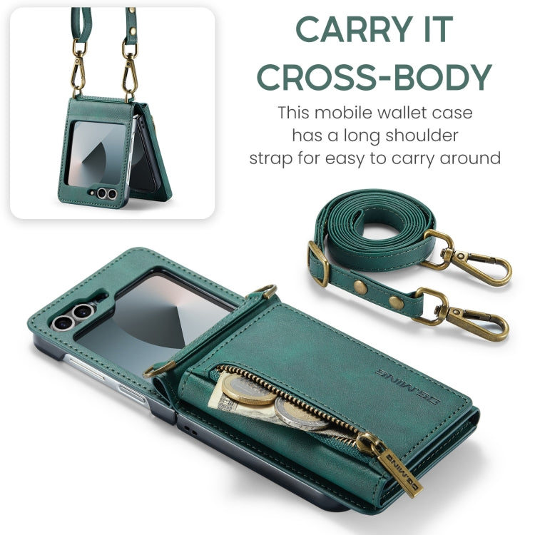 For Samsung Galaxy Z Flip6 DG.MING M5 Series Zip RFID Multi Card Detachable Leather Phone Case with Long Lanyard
