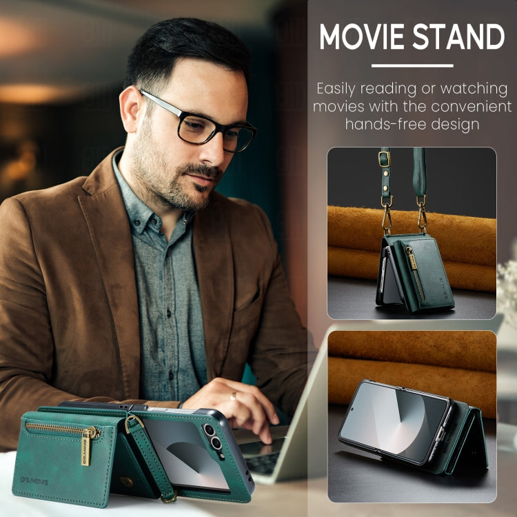 For Samsung Galaxy Z Flip6 DG.MING M5 Series Zip RFID Multi Card Detachable Leather Phone Case with Long Lanyard