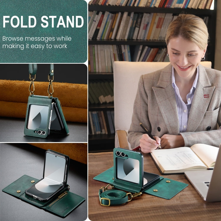 For Samsung Galaxy Z Flip6 DG.MING M5 Series Zip RFID Multi Card Detachable Leather Phone Case with Long Lanyard