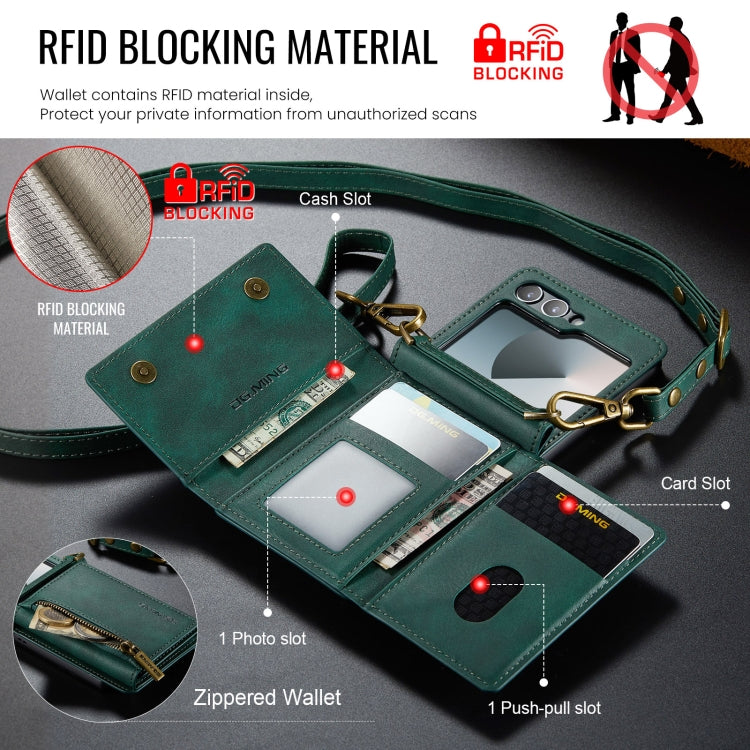 For Samsung Galaxy Z Flip6 DG.MING M5 Series Zip RFID Multi Card Detachable Leather Phone Case with Long Lanyard