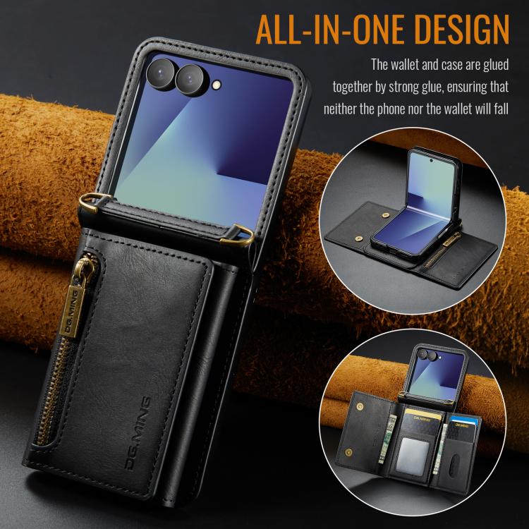For Samsung Galaxy Z Flip7 5G DG.MING M5 Series Zip RFID Multi Card Detachable Leather Phone Case with Long Lanyard
