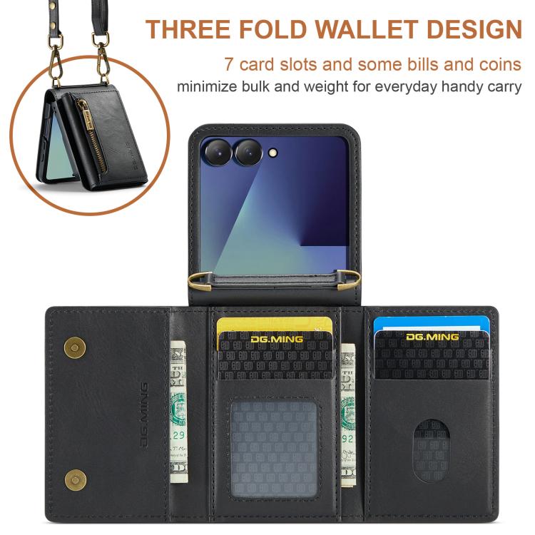 For Samsung Galaxy Z Flip7 5G DG.MING M5 Series Zip RFID Multi Card Detachable Leather Phone Case with Long Lanyard