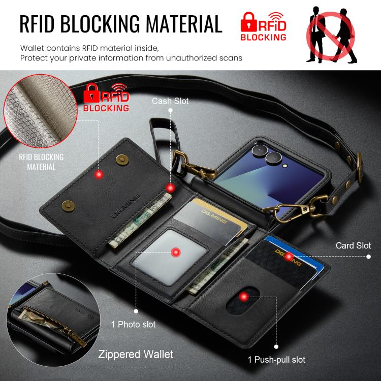 For Samsung Galaxy Z Flip7 5G DG.MING M5 Series Zip RFID Multi Card Detachable Leather Phone Case with Long Lanyard