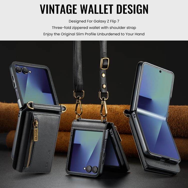 For Samsung Galaxy Z Flip7 5G DG.MING M5 Series Zip RFID Multi Card Detachable Leather Phone Case with Long Lanyard
