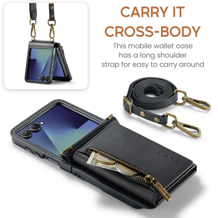 For Samsung Galaxy Z Flip7 5G DG.MING M5 Series Zip RFID Multi Card Detachable Leather Phone Case with Long Lanyard