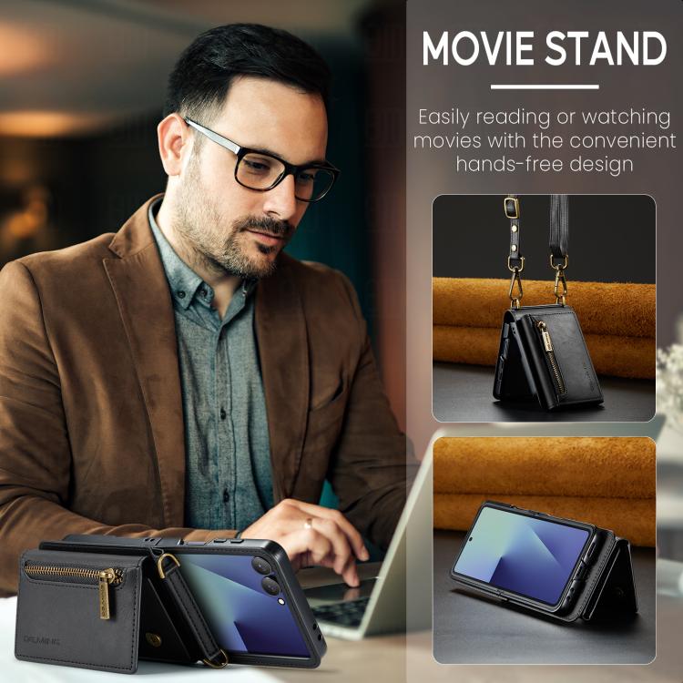 For Samsung Galaxy Z Flip7 5G DG.MING M5 Series Zip RFID Multi Card Detachable Leather Phone Case with Long Lanyard