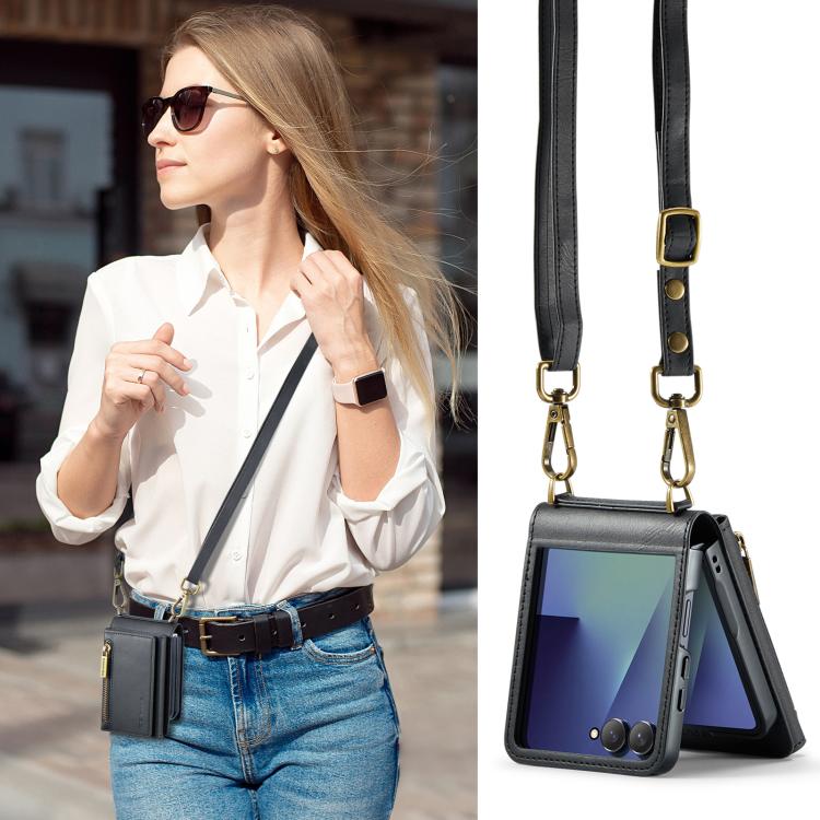 For Samsung Galaxy Z Flip7 5G DG.MING M5 Series Zip RFID Multi Card Detachable Leather Phone Case with Long Lanyard