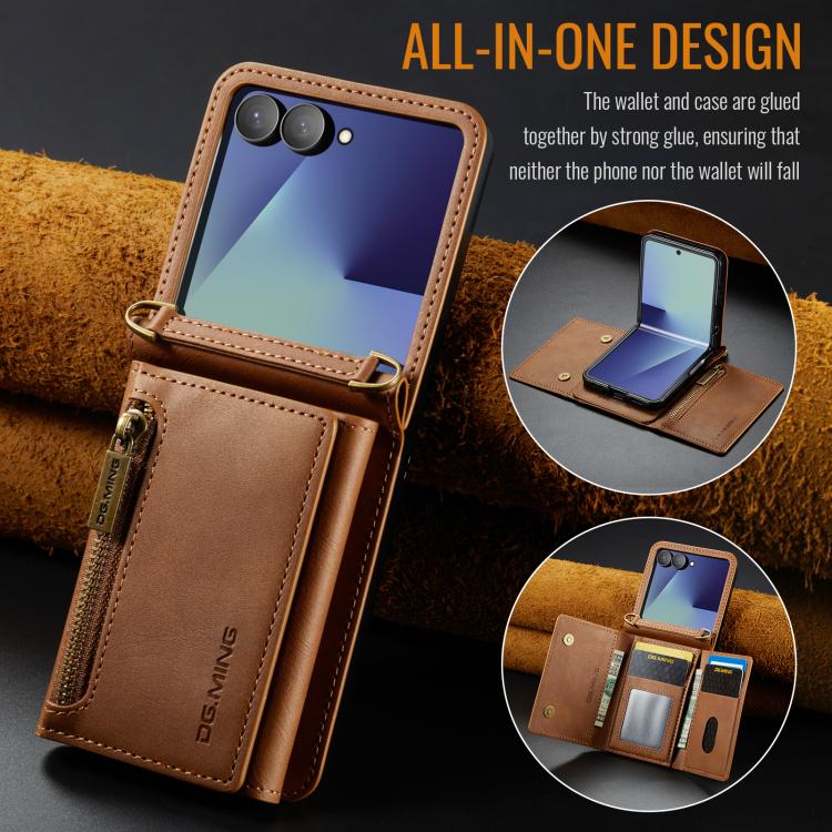 For Samsung Galaxy Z Flip7 5G DG.MING M5 Series Zip RFID Multi Card Detachable Leather Phone Case with Long Lanyard