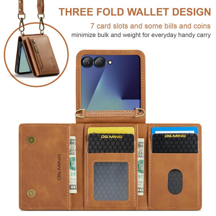 For Samsung Galaxy Z Flip7 5G DG.MING M5 Series Zip RFID Multi Card Detachable Leather Phone Case with Long Lanyard