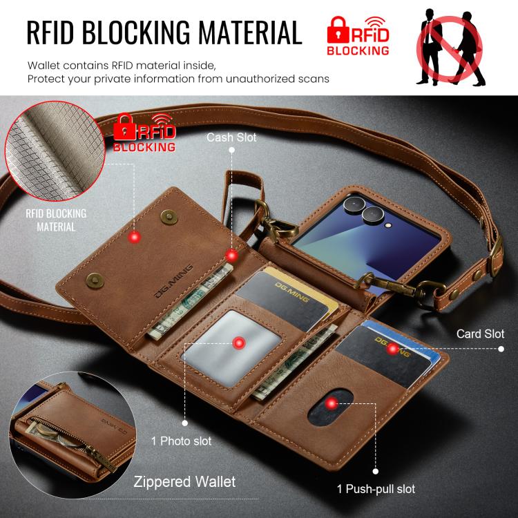 For Samsung Galaxy Z Flip7 5G DG.MING M5 Series Zip RFID Multi Card Detachable Leather Phone Case with Long Lanyard