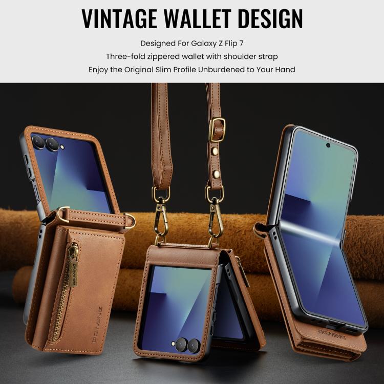 For Samsung Galaxy Z Flip7 5G DG.MING M5 Series Zip RFID Multi Card Detachable Leather Phone Case with Long Lanyard