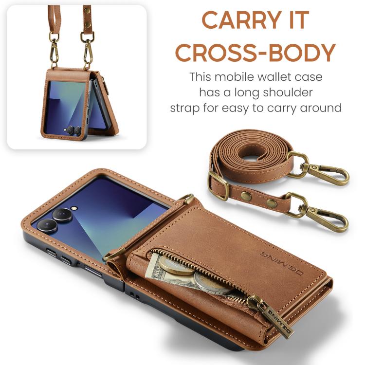 For Samsung Galaxy Z Flip7 5G DG.MING M5 Series Zip RFID Multi Card Detachable Leather Phone Case with Long Lanyard