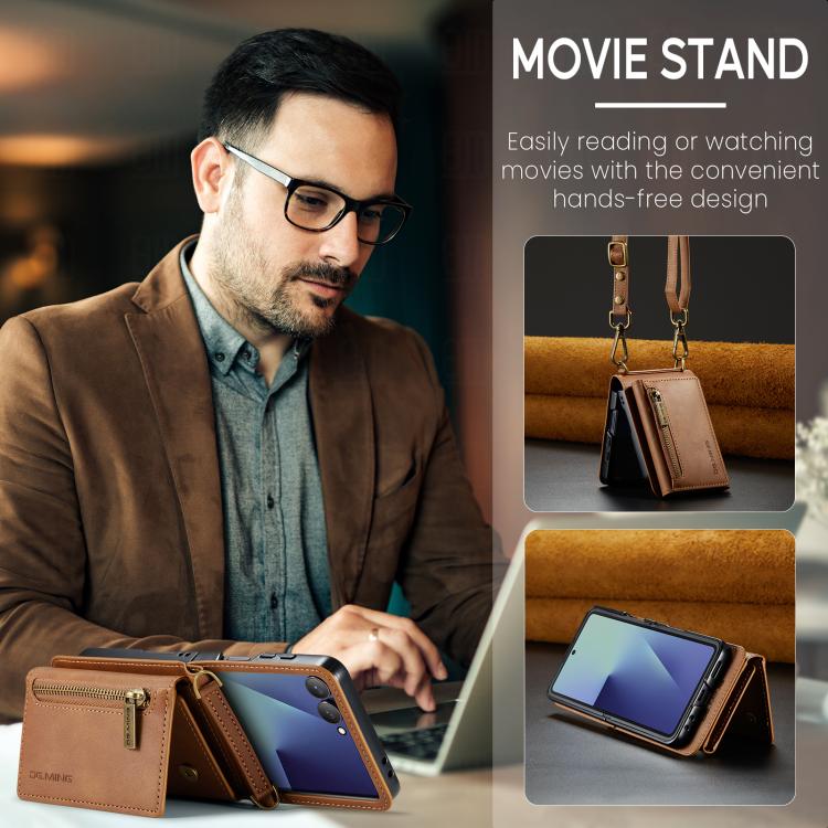 For Samsung Galaxy Z Flip7 5G DG.MING M5 Series Zip RFID Multi Card Detachable Leather Phone Case with Long Lanyard