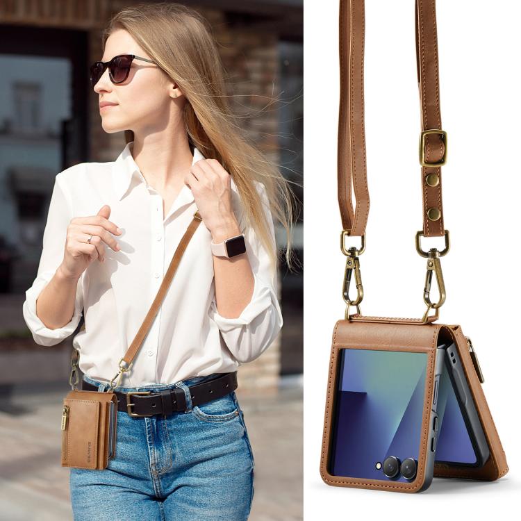 For Samsung Galaxy Z Flip7 5G DG.MING M5 Series Zip RFID Multi Card Detachable Leather Phone Case with Long Lanyard